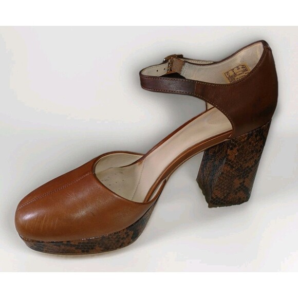 Clarks Mary Janes clogs Brown Leather Platform Straps Snakeskin Block Heel 9 M - Picture 3 of 16